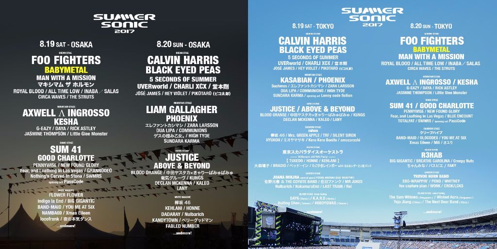 SUMMER SONIC 2017 lineup released! BABYMETAL to perform as second headliner